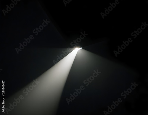 A single beam of light pierces deep darkness, creating a striking contrast. Soft edges fade into the void, with floating dust particles adding depth. A minimalist composition evoking mystery and hope. photo