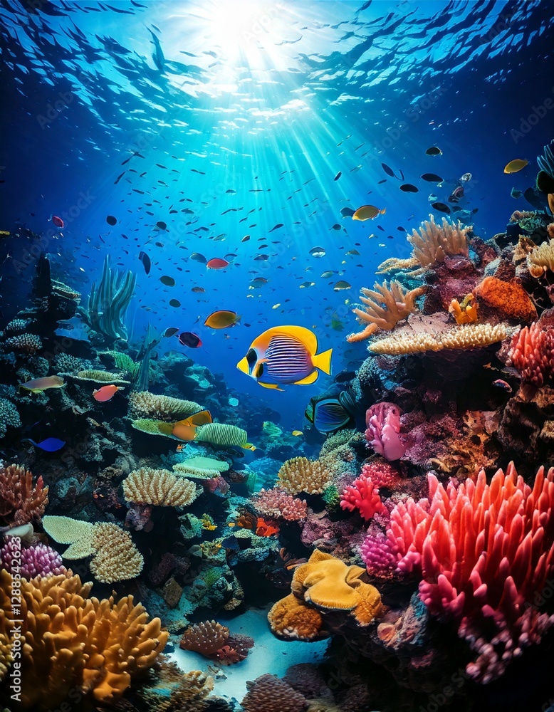 Naklejka premium underwater scene with colorful coral reefs and exotic