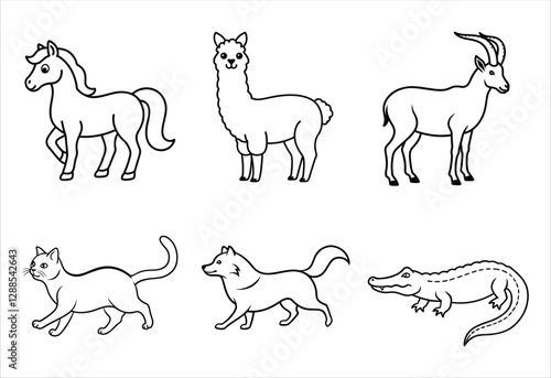 A set of six random animal vector line art designs. Simple collection. Isolated bundle on white background.