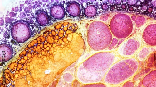 Microscopic image of stool showing vegetative cells and starch granules, offering a close-up view of plant cell structure and starch in a biological specimen