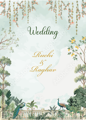 Mughal wedding card, Invitation for wedding, Flower, peacock, Mughal tree, Watercolor Background.