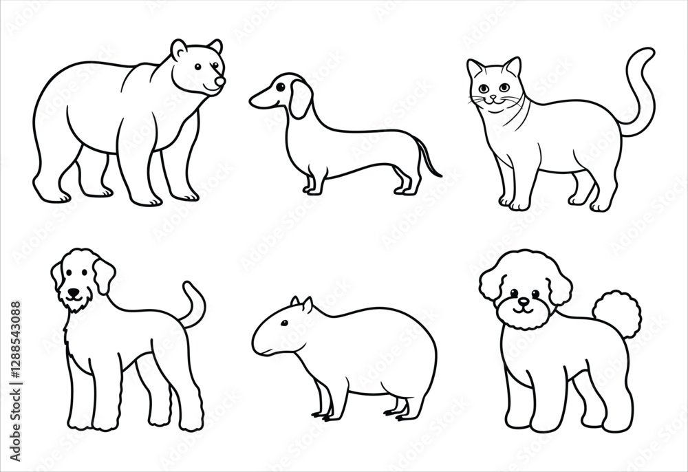 Naklejka premium A set of six random animal vector line art designs. Simple collection. Isolated bundle on white background.