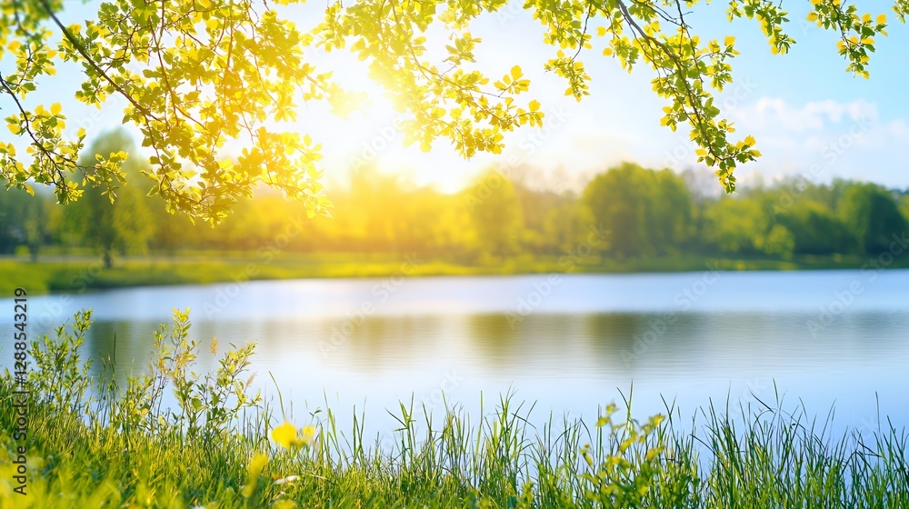 Fototapeta premium Bright Sunny Day at a Serene Lake Surrounded by Lush Green Trees