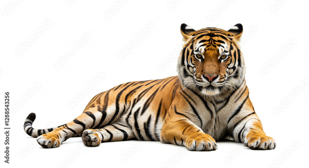 Fototapeta premium Isolated tiger on white background with striking orange and black stripes