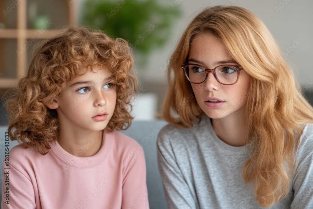 Open communication is key Explore the power of empathetic conversations between parent and child sitting on the couch This image captures a serious yet supportive talk, reflecting the crucial bond of