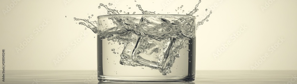 Ice cubes splashing into glass of water. Studio shot. Drinks Ice cubes splashing into glass of water. Studio shot. Drinks