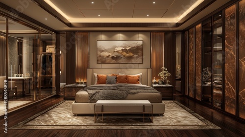 Modern luxury bedroom interior design with elegant empty wall space for personalized art, minimalist decor, and sophisticated customization ideas