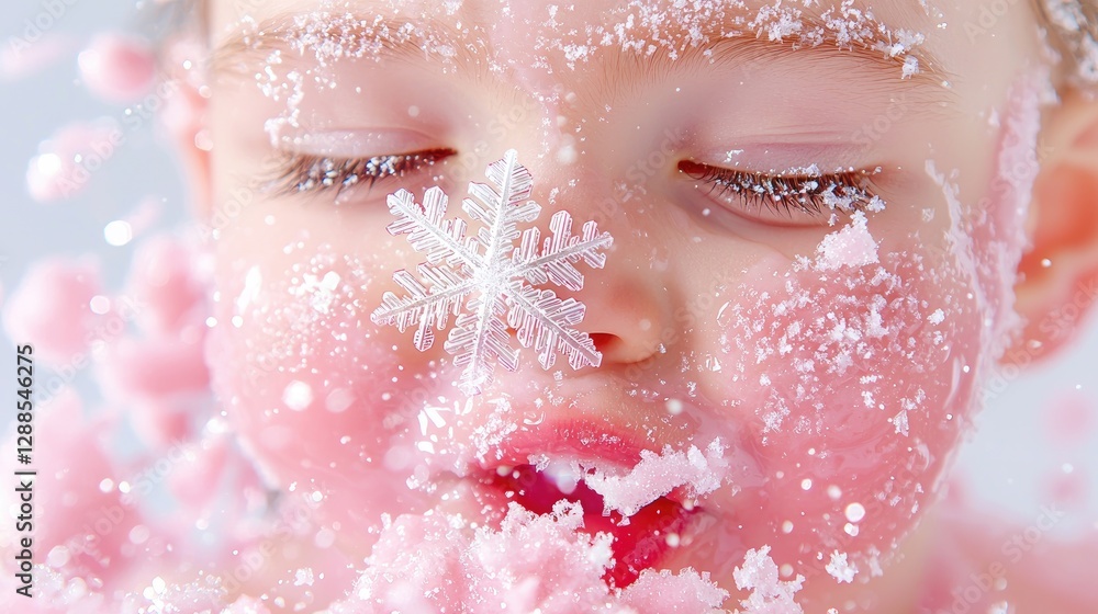 Fototapeta premium Baby playing with pink snow, winter fun, studio shot, holiday card