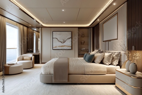 Modern luxury bedroom interior design with elegant empty wall space for personalized art, minimalist decor, and sophisticated customization ideas