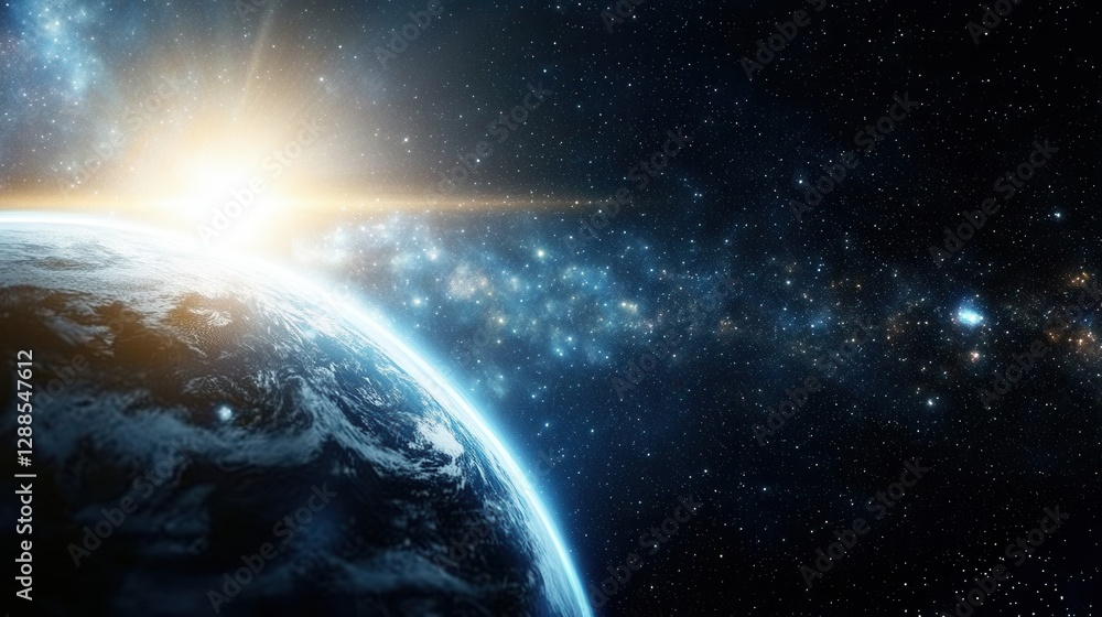 Fototapeta premium Stunning sunrise over earth with glowing stars in vast cosmic space.