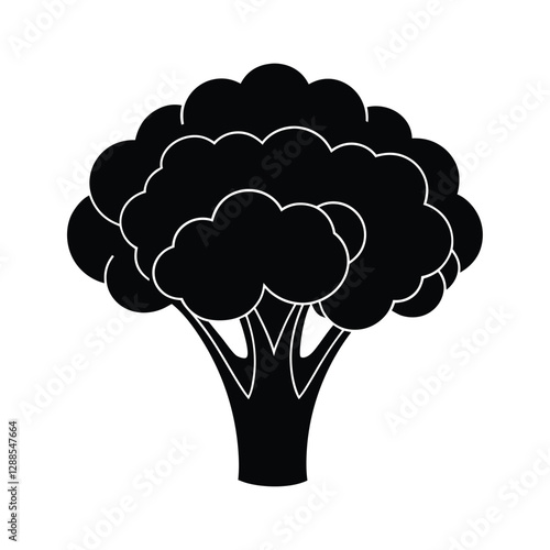 Simple Black and White Vector of a Broccoli with Detailed, Abstract Florets for Organic, Healthy, and Eco-Friendly Designs