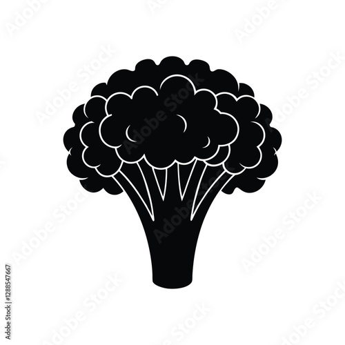 Simple Black and White Vector of a Broccoli with Detailed, Abstract Florets for Organic, Healthy, and Eco-Friendly Designs