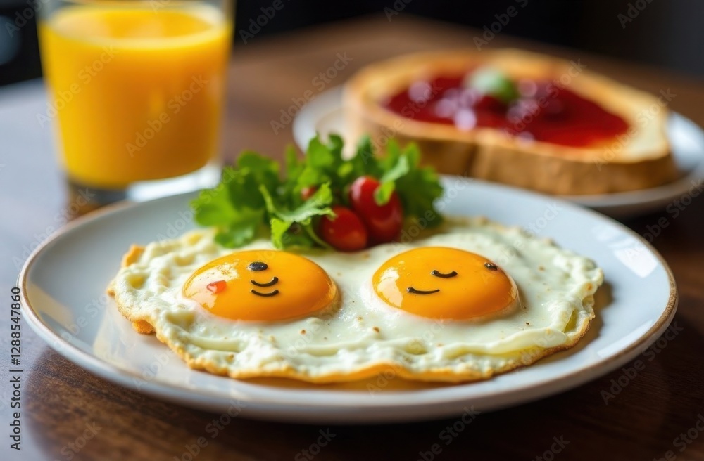Fried eggs and toast with jam on a white plate, tasty breakfast serving Fried eggs and toast with jam on a white plate, tasty breakfast serving