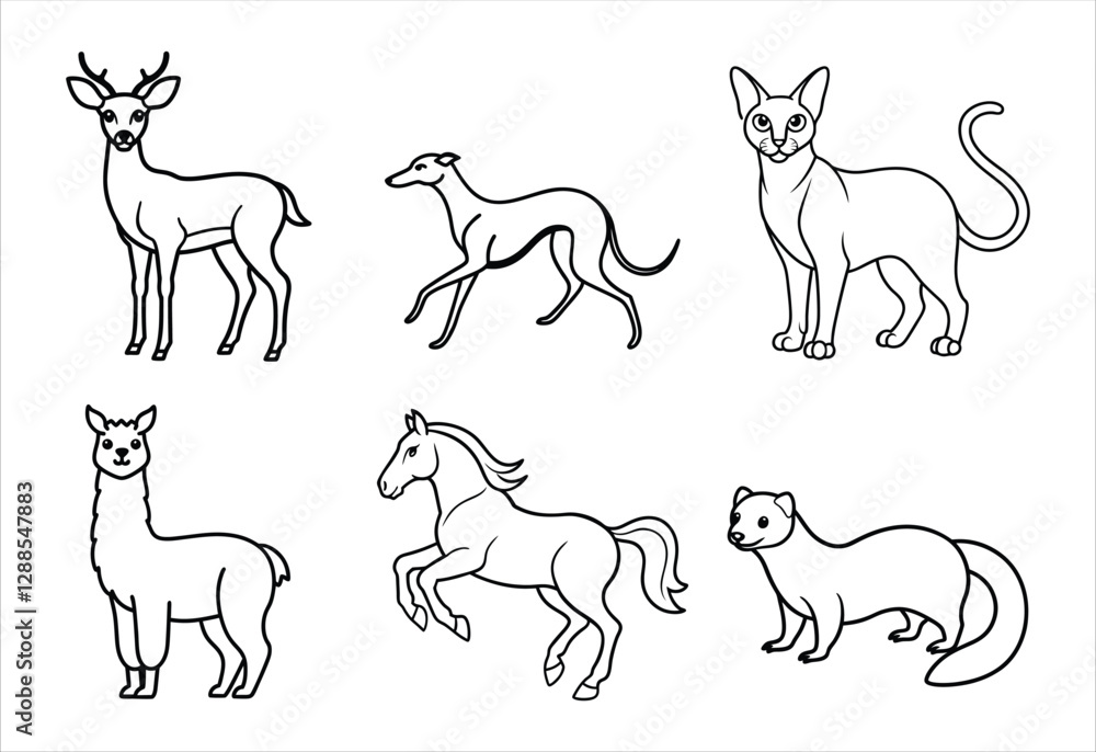 Fototapeta premium A set of six random animal vector line art designs. Simple collection. Isolated bundle on white background.