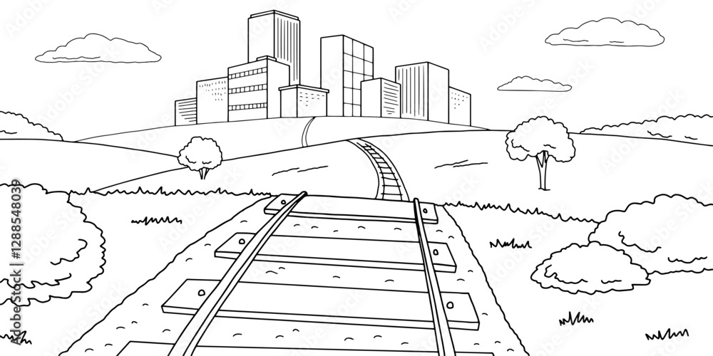 Obraz premium Railroad to the city graphic black white landscape sketch illustration vector