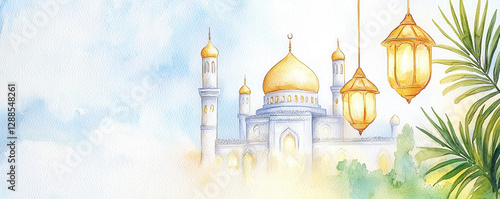Watercolor mosque lantern palm blue gold religious Ramadan scenery