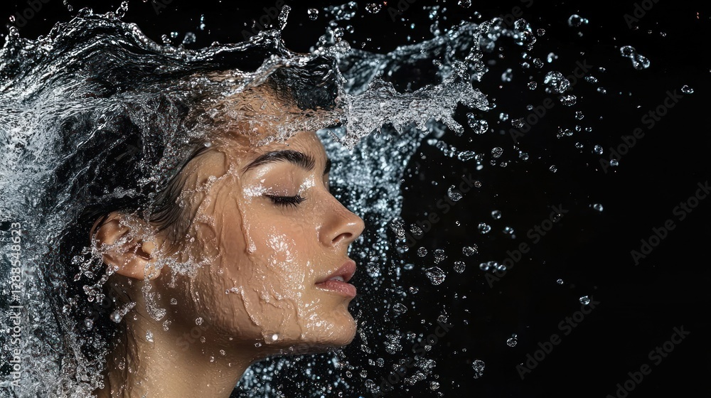 Fototapeta premium Woman, water splash, face, studio, black background, skincare ad