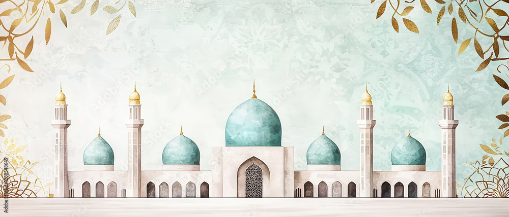 Fototapeta premium Islamic mosque teal dome minaret spiritual watercolor background