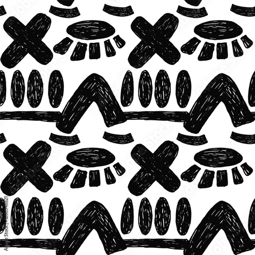 Abstract seamless pattern with bold geometric bizarre shapes in trendy crayon drawing style. Bold pencil abstract shapes forming a pattern. Trendy black and white design