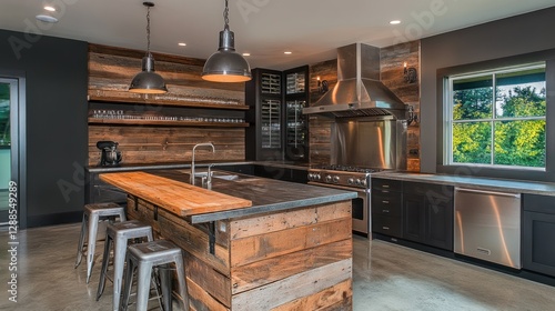 Wallpaper Mural Rustic kitchen island, reclaimed wood, farmhouse style, modern design, forest view, interior design, home decor, magazine advertisement Torontodigital.ca