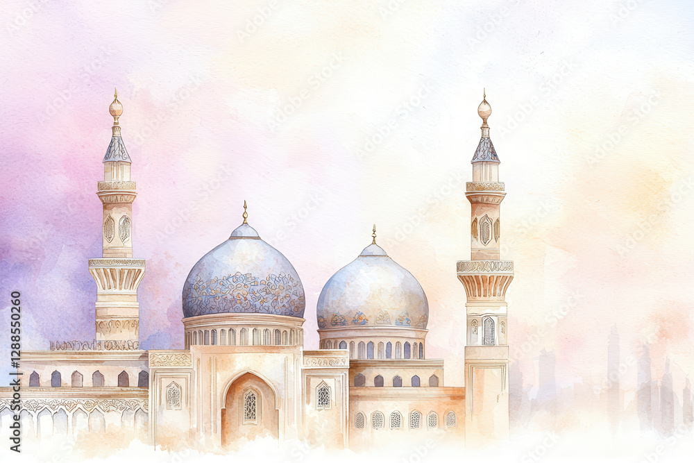 Obraz premium Majestic mosque domes with minarets in watercolor islamic art