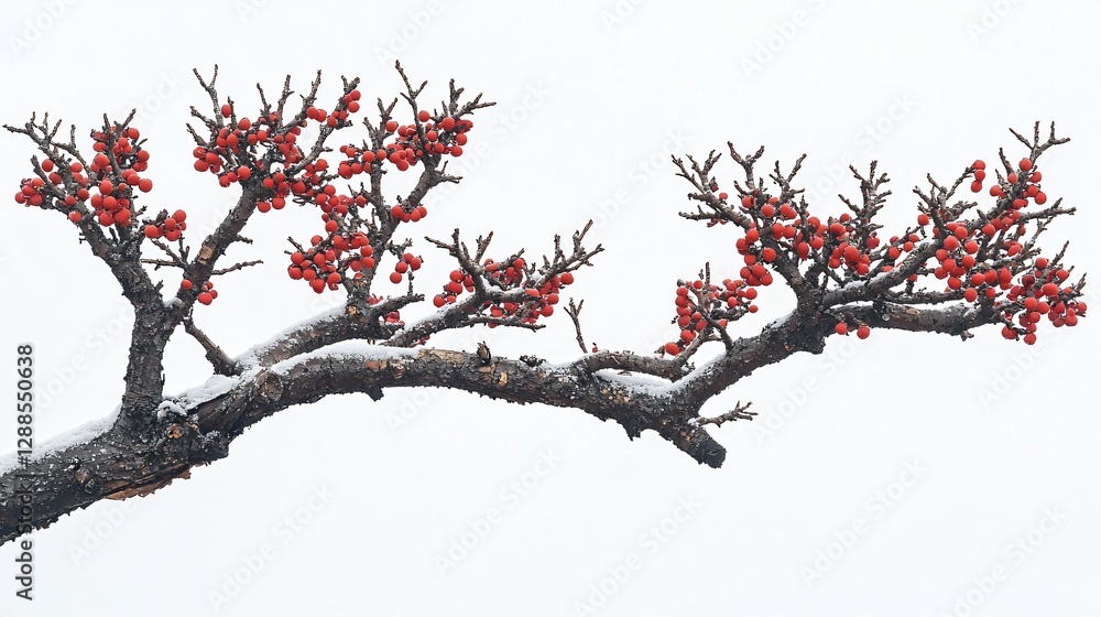 Snowy branch with red berries, winter scene, nature postcard Snowy branch with red berries, winter scene, nature postcard
