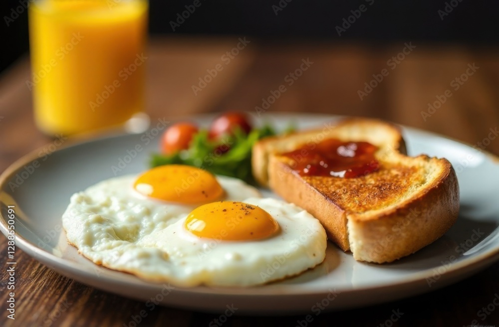 Fried eggs and toast with jam on a white plate, glass of orange juice, tasty breakfast serving Fried eggs and toast with jam on a white plate, glass of orange juice, tasty breakfast serving
