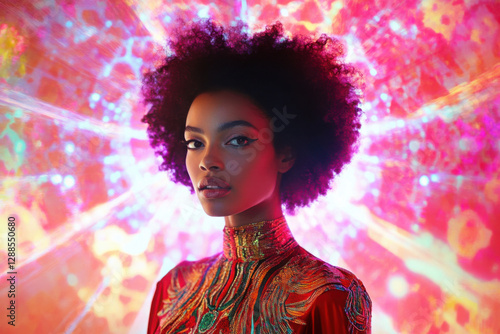 A young African American woman in vibrant attire stands confidently against a colorful, psychedelic background.