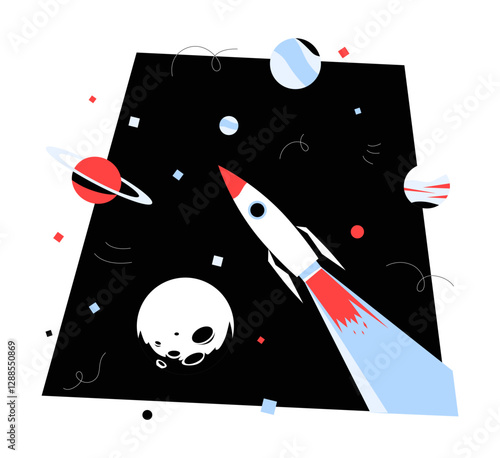 Rocket Launching Into Space With Planets And Stars In Flat Vector Illustration Symbolizing Exploration, Innovation, And Discovery, Isolated On White Background