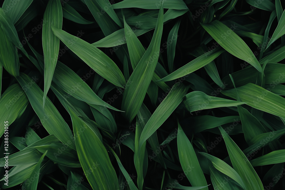 Fototapeta premium Emerald Canopy: An overhead view of vibrant green leaves create a dense, lush canopy, their textures and patterns forming a captivating natural tapestry. 