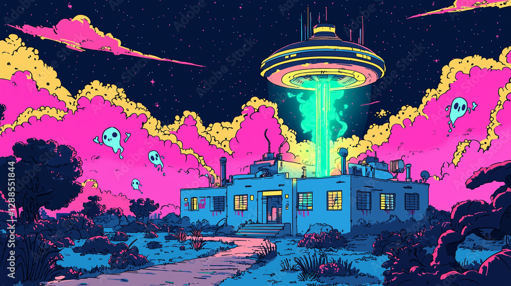 Obraz premium Vibrant sci fi illustration of a UFO beaming light over a futuristic house with floating ghosts and a surreal colorful night sky