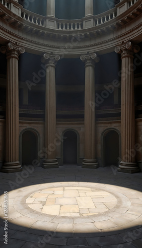 Ancient round auditorium hall with Roman pillars, podium in spotlight. Luxury classic background, empty stage platform for product, event display, cosmetic, beauty, sports, culture. Greek architecture