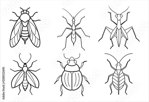 A set of six insect vector line art designs. Simple collection. Isolated bundle on white background.