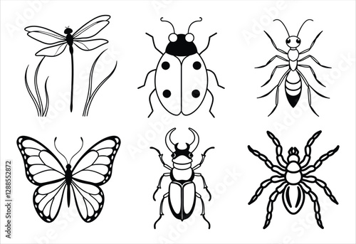 A set of six insect vector line art designs. Simple collection. Isolated bundle on white background.