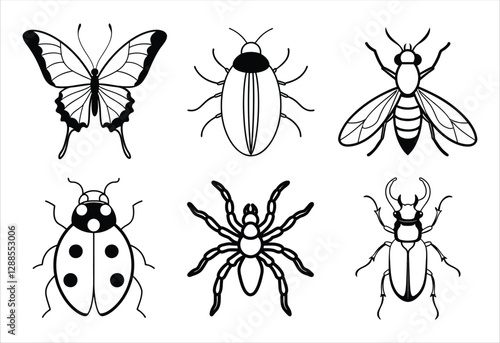 A set of six insect vector line art designs. Simple collection. Isolated bundle on white background.