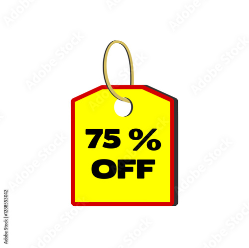 75% off yellow tag with red border, beige cord and white background