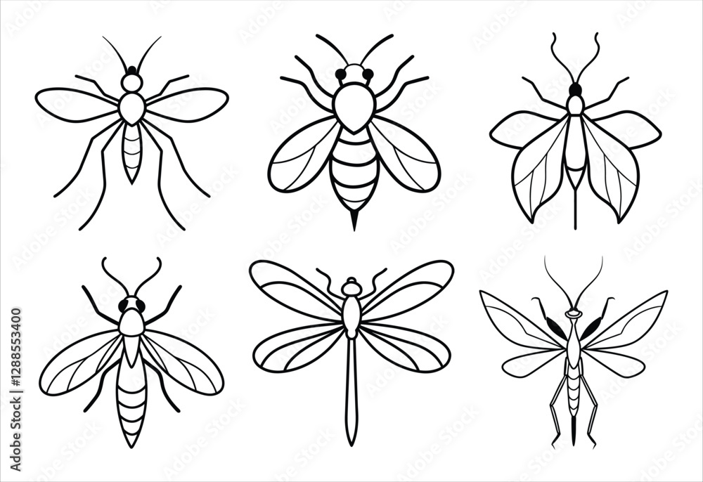 Fototapeta premium A set of six insect vector line art designs. Simple collection. Isolated bundle on white background.
