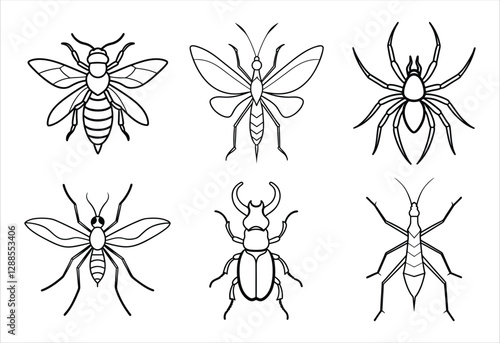 A set of six insect vector line art designs. Simple collection. Isolated bundle on white background.