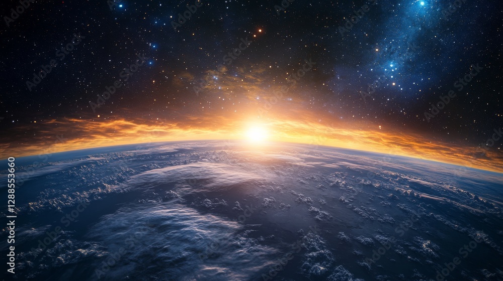 Spectacular sunrise over earth's horizon with star-filled sky and vibrant colors. Cosmic beauty and celestial wonders concept Spectacular sunrise over earth's horizon with star-filled sky and vibrant colors. Cosmic beauty and celestial wonders concept