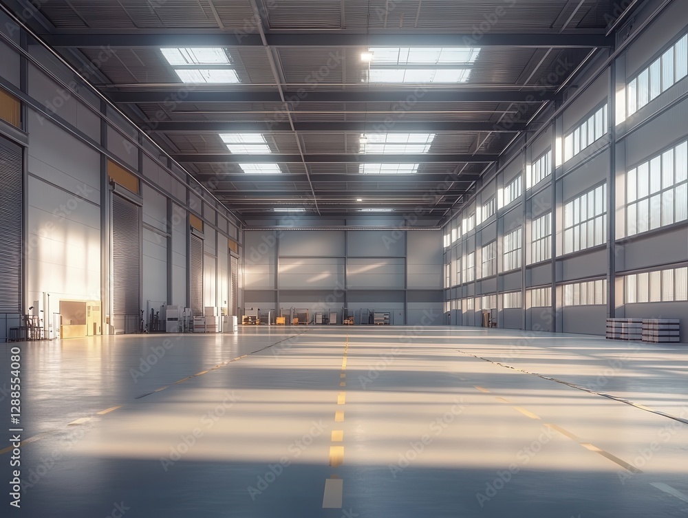 Vast Empty Warehouse Interior Sunlight Streaming Through High Windows Vast Empty Warehouse Interior Sunlight Streaming Through High Windows