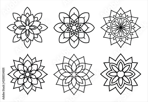A set of six mandala vector line art designs. Simple collection. Isolated bundle on white background.