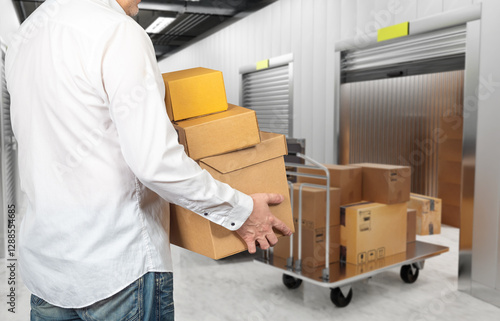 Man brings boxes into stora...