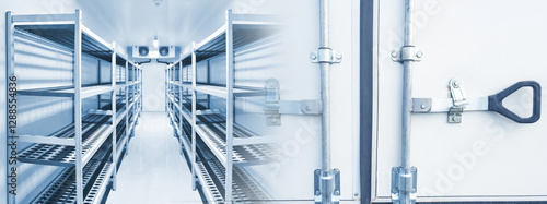 Refrigerated truck. Freezer inside van. Interior refrigerated truck with empty shelves. Van body doors for transporting frozen food. Transport with refrigerator for delivery of vegetables and fruits