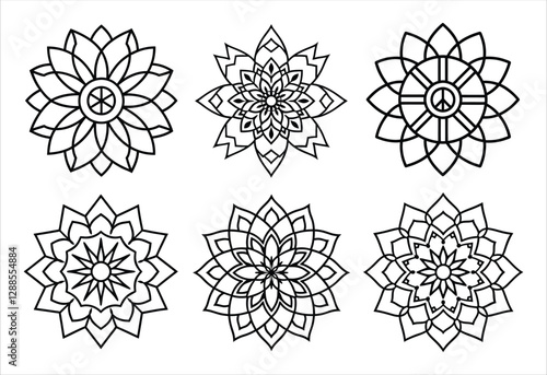 A set of six mandala vector line art designs. Simple collection. Isolated bundle on white background.