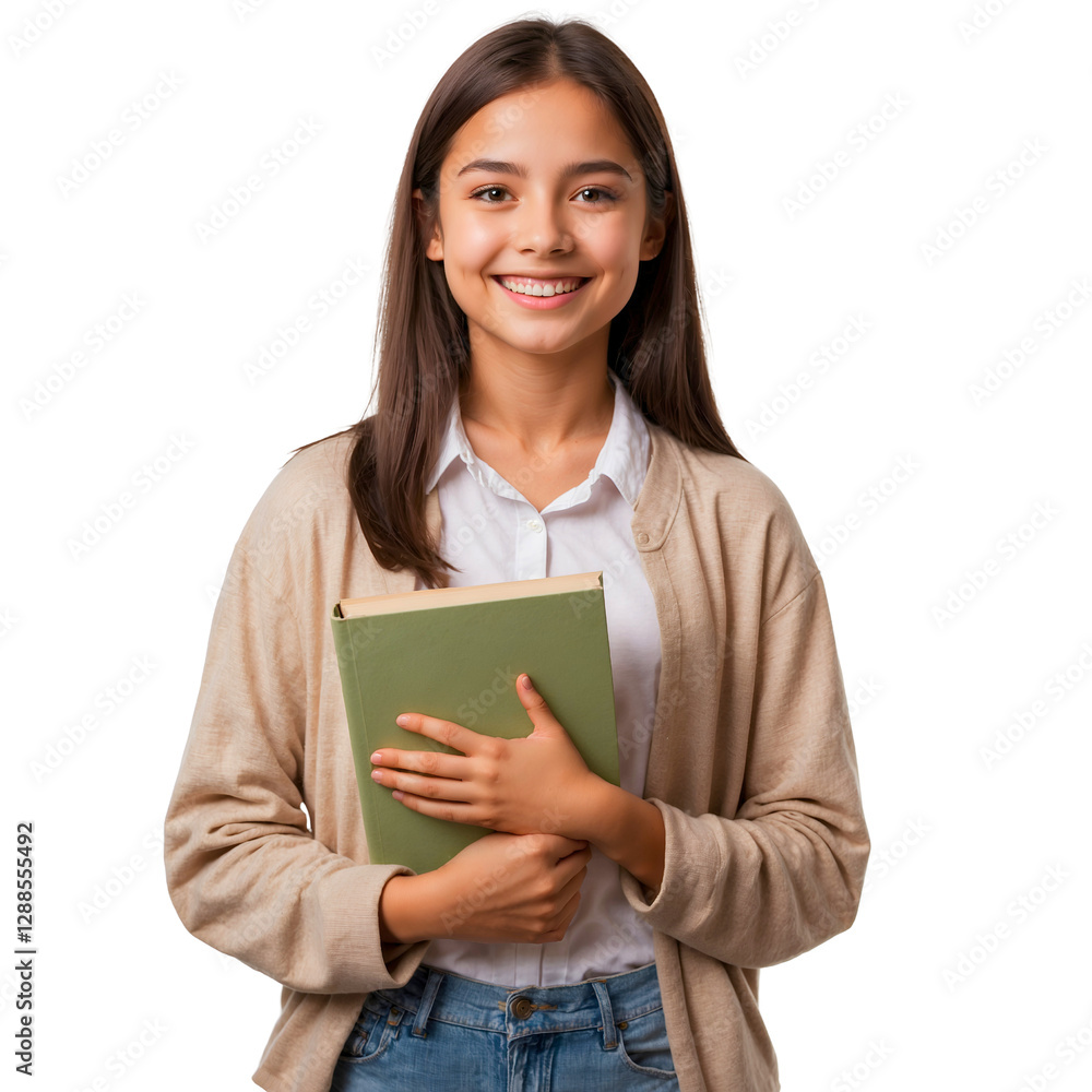 Smiling young student girl with book isolated on transparent background Smiling young student girl with book isolated on transparent background