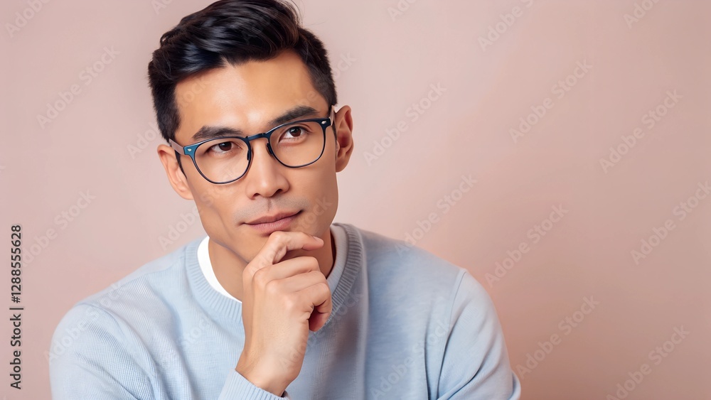 A confident young man with glasses thinking and looking forward against a pink background. A confident young man with glasses thinking and looking forward against a pink background.