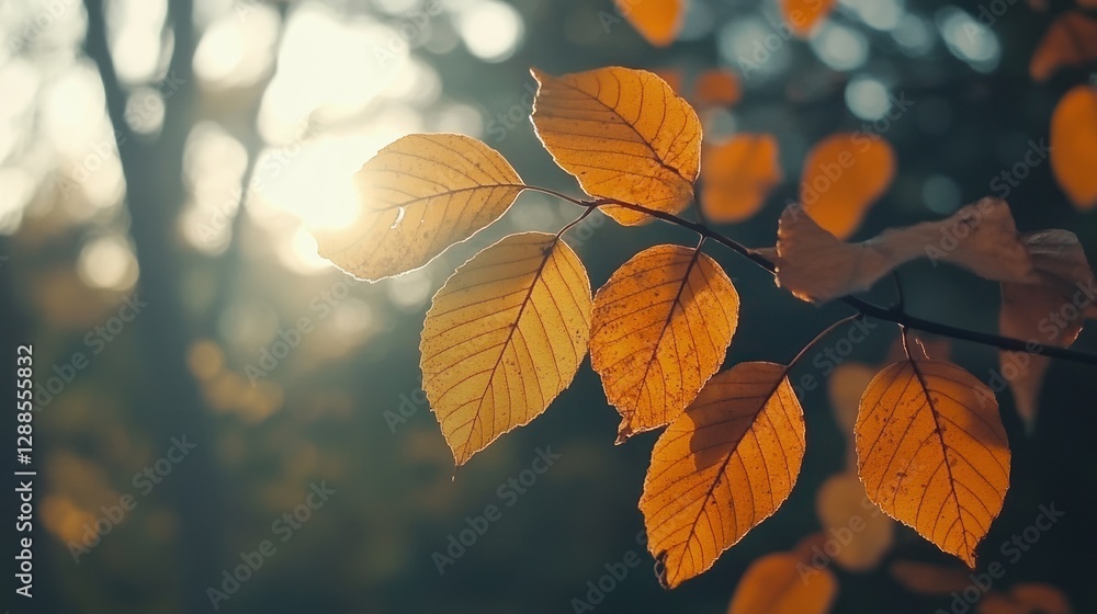 Autumn leaves backlit by sunset in forest Autumn leaves backlit by sunset in forest