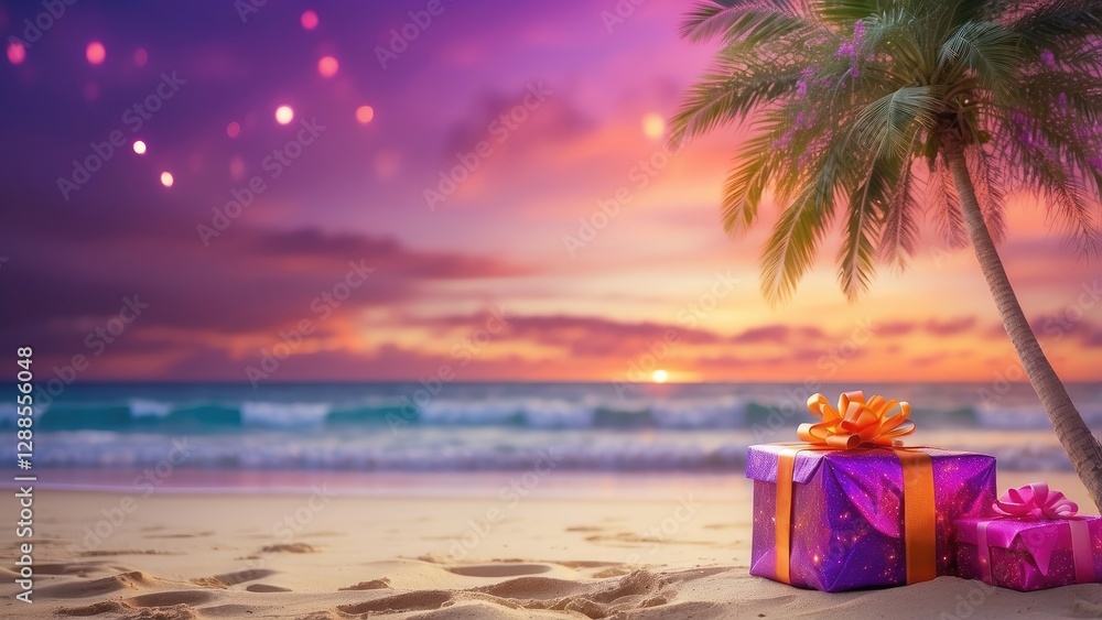 Obraz premium A palm tree decorated with holiday lights stands on a sandy beach at sunset