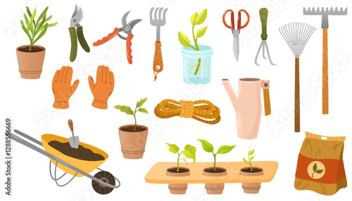 Garden tools collection. Hand draw doodle icons of equipment for gardening and farming, wheelbarrow, secateurs, watering can, set of tools for horticulture, isolated colored clipart on white backgroun