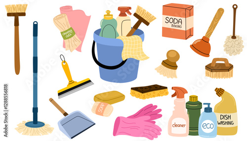 Cleaning supplies set. Home chemical detergent in bottles, household tools, equipment. Brush, mop and gloves, housework accessories. Flat graphic vector illustrations isolated on white background